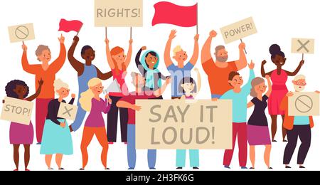 Demonstration activists. Women demonstrate power, protest people group holding placards. Worker crowd hold empty banner decent vector concept Stock Vector