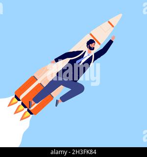 Businessman on rocket. Career growth, man flying with spaceship. Creative guy character, progress or professional success utter vector concept Stock Vector