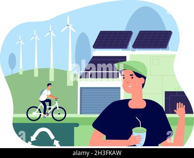 Eco friendly concept. Saving household, green energy house. Flat modern building, person save planet and environment utter vector illustration Stock Vector