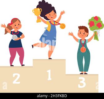 Kids winners. Child win competition, winner on podium with medals. Cartoon children victory, champion girl with prize decent vector concept Stock Vector