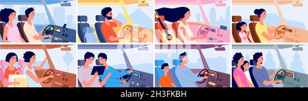 People driving car. Romantic lady, happy couple trip with map. Drive cars, smile driver adventure alone. Ride on road utter vector concept Stock Vector