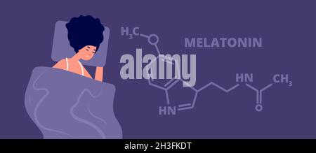 Melatonin hormone. Structure hormones sleep, flat person sleeping in dark. Science education banner, insomnia and health dream utter vector concept Stock Vector