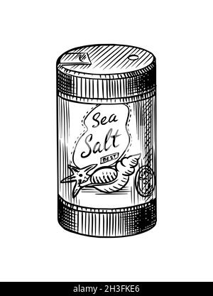 Sea salt in the package. Piles of seeds in the bowl. Spicein a jar. Flavoring or saline. Vintage background banner. Engraved hand drawn old sketch.  Stock Vector