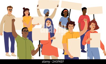 People demonstration crowd. Protesters hold placards. Afroamerican indian caucasian persons holding empty banners. International or multicultural Stock Vector