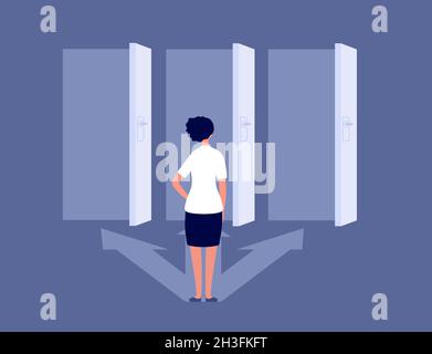 Woman choice. Future step, choices indecision of business girl. Female next challenge, path opportunity for young person utter vector metaphor Stock Vector