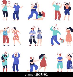 Family conflict. Disrespect people, quarrel brawl in couple. Angry woman man, domestic violence abuse or criticism in pair decent vector set Stock Vector