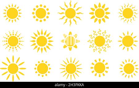 Summer flat sun logo. Yellow suns circles, bright natural lighting objects. Heating sunshine, isolated spring warm season utter vector symbols Stock Vector