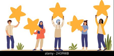 Rating star. Customers review, people holding feedback five stars. Isolated diverse multicultural men women vector characters Stock Vector
