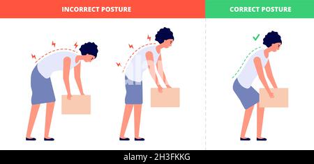 Correct lift heavy. Safety health back, flat woman lifting box postures. Proper technique load for spine with high weight utter vector concept Stock Vector