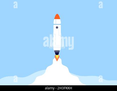 Rocket launch. Space ship launches, simple spaceship on start. New project or business, cartoon flat shuttle fly in sky utter vector background Stock Vector