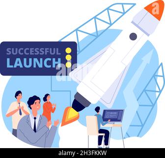 Business launch. Launching startup, fly spaceship new project. Start process, management work strategy or innovation mission utter vector concept Stock Vector