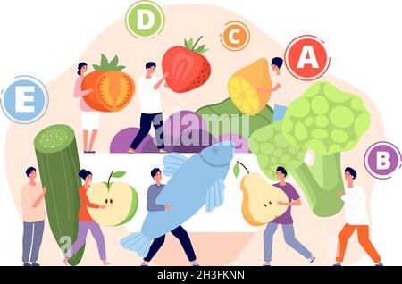 Vitamins in food. Healthy foods, vitamin balance in nutrition. Tasty meals, cartoon fresh eco diet. Flat person cooking dish utter vector concept Stock Vector