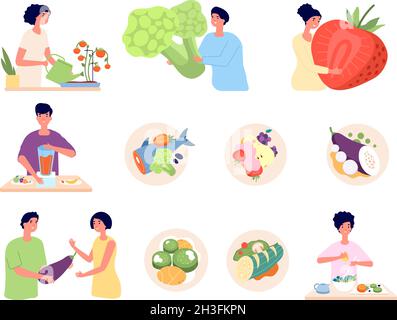 Vegan lifestyle. Organic food, isolated vegetarian nature product. Organic meal of eco farm, people eat antioxidant fruit vegetables utter vector set Stock Vector