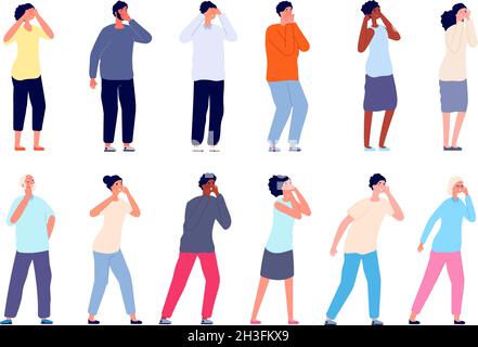 People screaming. Shouting persons, man woman covering mouth and ears. Adults call, thrilled shy or lost cartoon utter vector characters Stock Vector