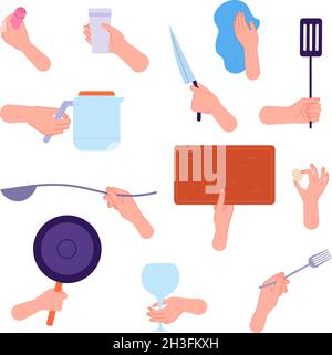 Hands hold kitchen tools. Woman hand holding knife, spoon fork and cutlery. People cooking, clean utensils in arms utter vector collection Stock Vector
