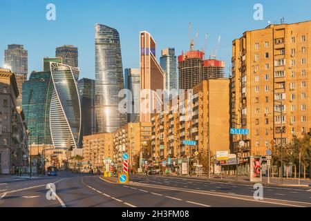 Moscow, Russia - October 09, 2021: Early morning view of the city street. Stock Photo