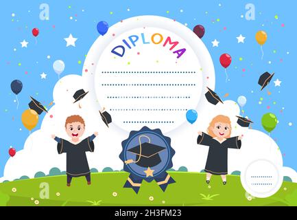 Kids diploma. Graduation certificate, children courses or work out reward. Cute graduates characters, flying caps and balloons vector background Stock Vector