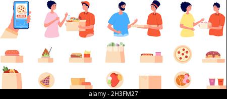 Online order and delivery. Phone food shopping, health meal and goods courier service. Man customer and shop package utter vector set Stock Vector