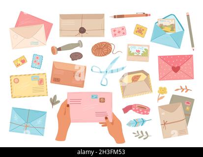 Different envelopes. Letter in envelope, postcard delivery and handmade craft card. Hands holding mail, pencil pen and post stamp exact vector set Stock Vector