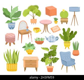 Urban jungle collection. Home indoor plants, succulent stickers and furniture. House living room interior elements, modern cozy exact vector elements Stock Vector
