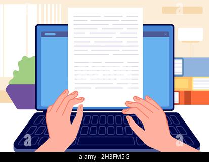 Writer writing. Typed content, journalist write essay on computer or laptop. Editor work, blogging copywriting and storytelling utter vector concept Stock Vector