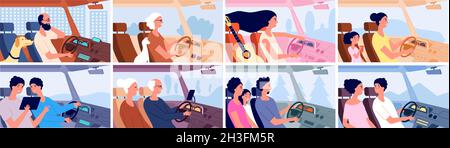 People in car. Driver highway, drive vehicle or transportation. Man in trip, family travel together. Persons road adventures utter vector scenes Stock Vector