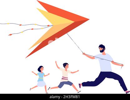 Father flying kite. Family celebration, parents with happy kids. Dad son daughter running, makar sankranti asian festival utter vector poster Stock Vector