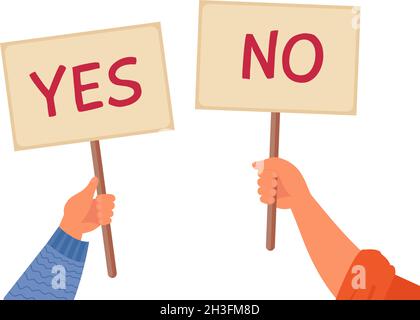 Yes no banner. Isolated text placard, hands hold right wrong message. Idea or choice, correct and incorrect dialog mark decent vector concept Stock Vector