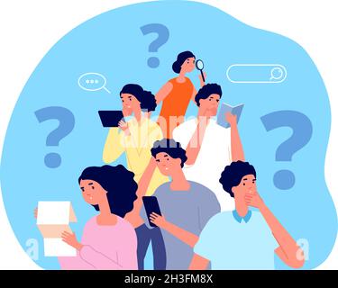 People looking answer. Team search, giant question mark. Brainstorming thinking, group asking or find solution. Utter thoughtful vector characters Stock Vector