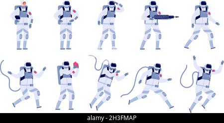 Cartoon astronaut. Flat astronauts group, astronomy party characters. Spaceman costume design, adult cosmonaut in universe utter vector set Stock Vector