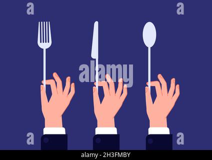 Hands with cutlery. Hand hold spoon, fork knife. Waiter hands holding kitchen utensils, catering in restaurant or gentleman on dinner utter vector Stock Vector