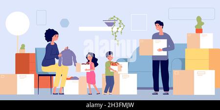 Family moving. People crowd house, relocation man woman and children. Cartoon group in new home, person with box and clothes utter vector concept Stock Vector