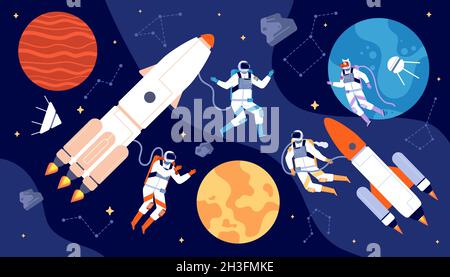 Space explorer set. Moving characters, cosmonaut cartoon in galaxy. Spaceman flying to moon, astronaut planets exploration utter vector concept Stock Vector