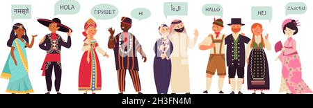 Multilingual characters. Group talking people, conversation on diverse language. Communication activities, business greeting decent vector concept Stock Vector