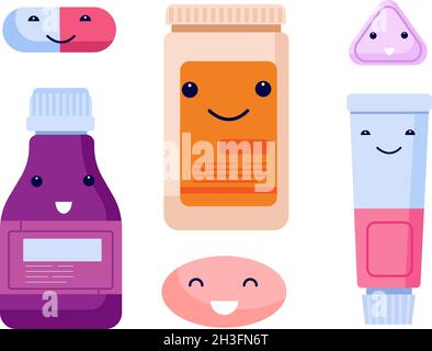 Cute pills. Antibiotics characters, cartoon pill medication. Funny flat drugs, tablet with faces. Smiling heroes from pharmacy utter vector set Stock Vector