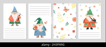 Gardening dwarfs. Gnomes cards, spring summer floral background. Cute men with beard and garden tools vector set Stock Vector