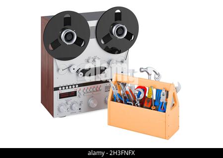 Tape recorder with toolbox. Repair and service of retro reel-to-reel tape  recorder, 3D rendering isolated on white background Stock Photo - Alamy