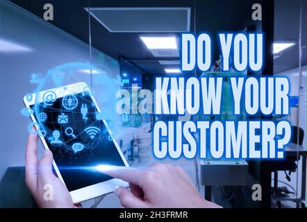 Writing displaying text Do You Know Your Customer Question. Concept meaning service identify clients with relevant information Woman Pointing The Top Stock Photo