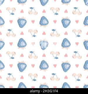 Cute seamless pattern with blue strawberries, cherry and hearts. Delicate print for wrapping paper, textiles and design Stock Vector