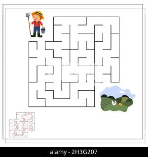 A logical game for children, go through the maze, farmer in the field. vector isolated on a white background Stock Vector