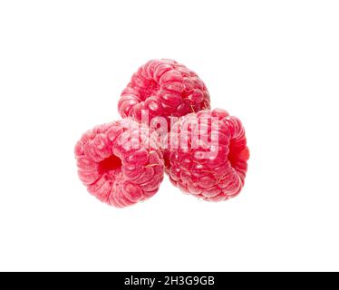 Raspberri berry with leaves isolated on white background. Ripe red raspberries  fruits close up. Collection. Stock Photo