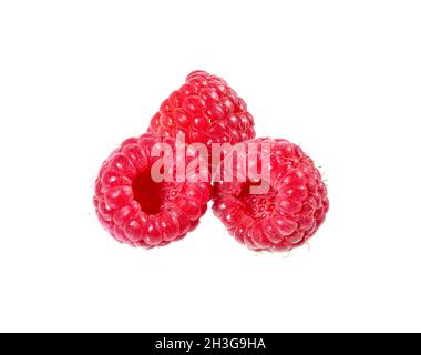 Raspberri berry with leaves isolated on white background. Ripe red raspberries  fruits close up. Collection. Stock Photo