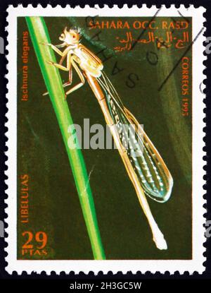 SAHARA - CIRCA 1995: a stamp printed in Sahrawi Arab Democratic Republic shows dragonfly, insect, circa 1995 Stock Photo
