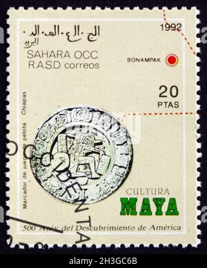 SAHARA - CIRCA 1992: a stamp printed in Sahrawi Arab Democratic Republic shows ballcourt marker, Mesoamerican ballgame, circa 1992 Stock Photo