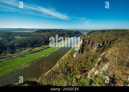 View from the bastei viewpoint of the Elbe river - beautiful landscape scenery of Sandstone mountains in Saxon Switzerland National Park, Germany. Stock Photo