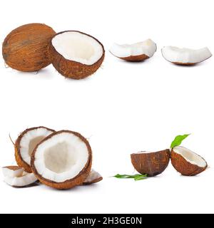 Collage of broken coconut pieces isolated on white background Stock Photo