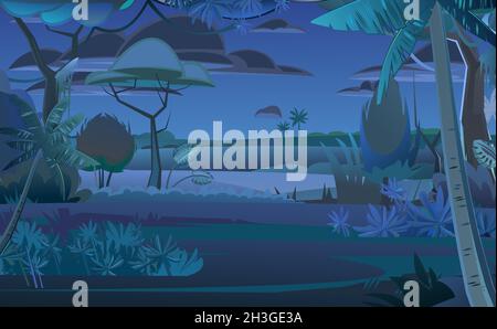 Jungle vines. Dense thickets. View from Dark forest. Southern night Rural Scenery. Tropical forest panorama. Illustration in cartoon style flat design Stock Vector