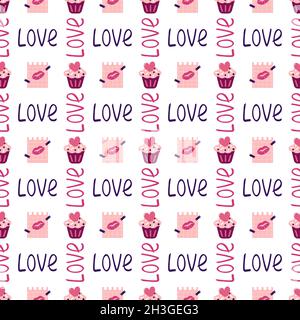 Valentine day seamless pattern with cake, hearts, word love and