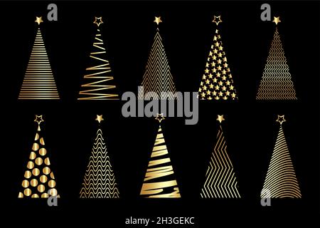 set of gold vector stylized Christmas tree, logo icon festive isolated on black background Stock Vector