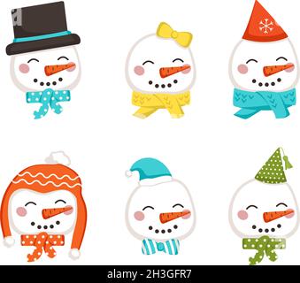 Set of cute snowman in children style with festive decorations for Holiday, New Year and Christmas. Funny character with caps and bows. Vector flat illustration Stock Vector